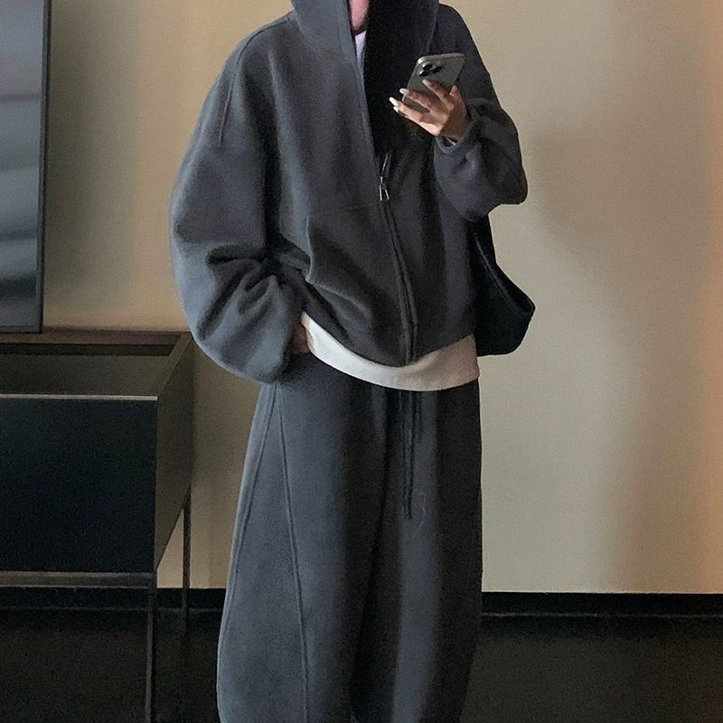 Double-sided Ao-grain Velvet High Weight Hooded Sweatshirt Coat Thickened Loose Retro Wide Leg Pants suit Two-piece Set