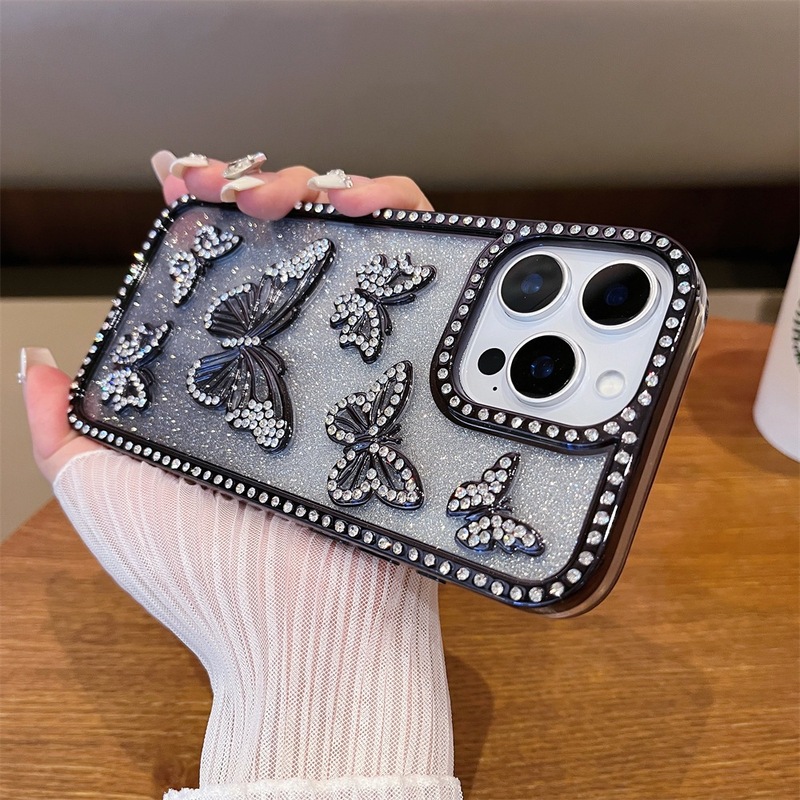 iPhone17電気メッキ立体蝶ポイントダイヤモンド携帯電話ケース、Apple 16promax対応、グラデーショングリッター15、越境販売|undefined