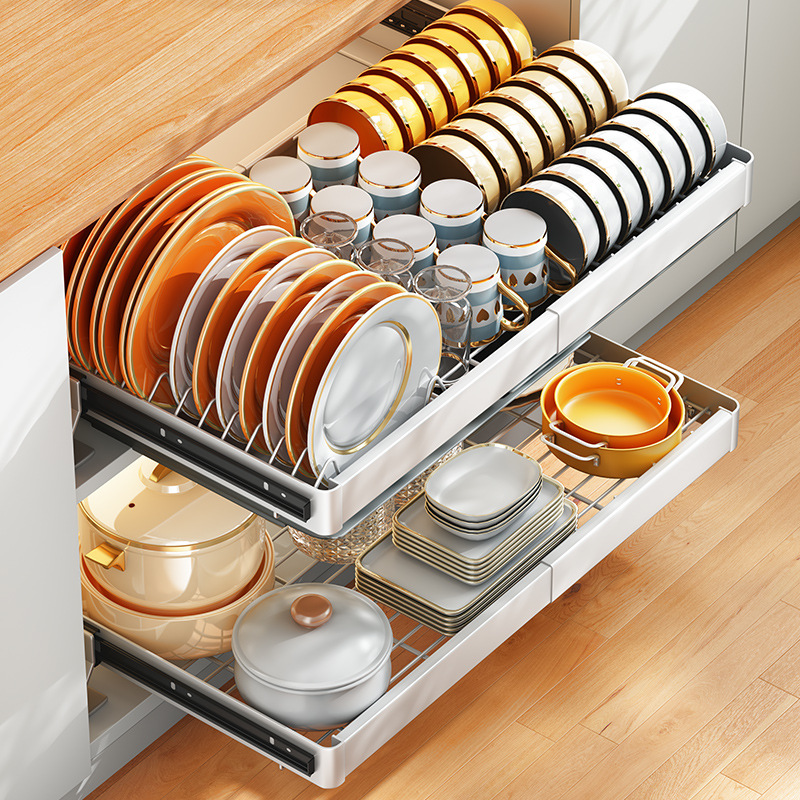 Kitchen Dish Rack Telescopic Basket Drawer-type Double-layer Drawer Dish Rack Multifunctional Cabinet Built-in Storage Rack