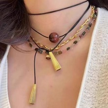 个性时尚天然红虎眼石吊坠项链配饰女夏季绑带设计项圈锁骨链项饰