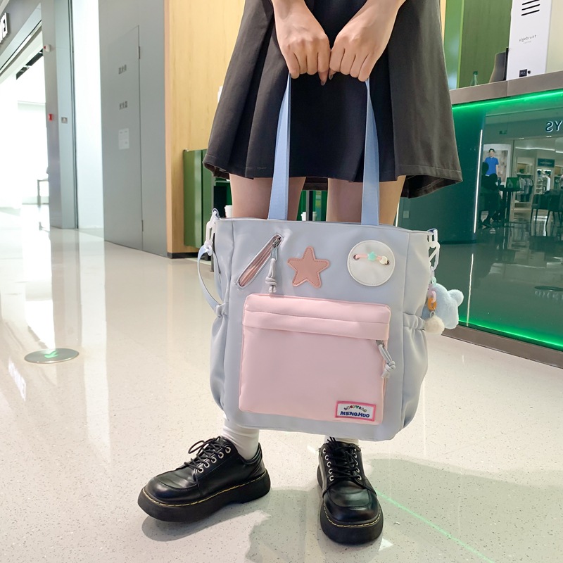 (2개) 한국학과 대학 스타일 소녀의 신선한 스타일 학생 병합 가방 명암 컬러 휴대용 텐드업 가방 통근 어깨 가방 크로스 바디 백