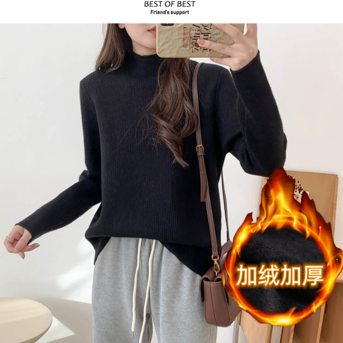 Женский теплый свитер больших размеров 200 кг с воротником и флисовой подкладкой, теплый внутренний свитер, осенне-зимний цельный бархатный базовый свитер
