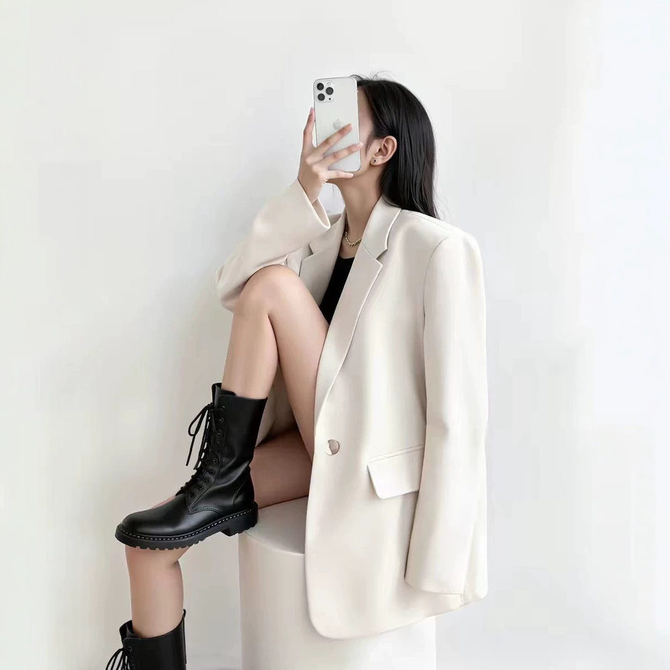 Áo vest nữ dài tay cổ vest một hàng cúc phong cách thanh lịch — Màu trắng ngà, màu đen