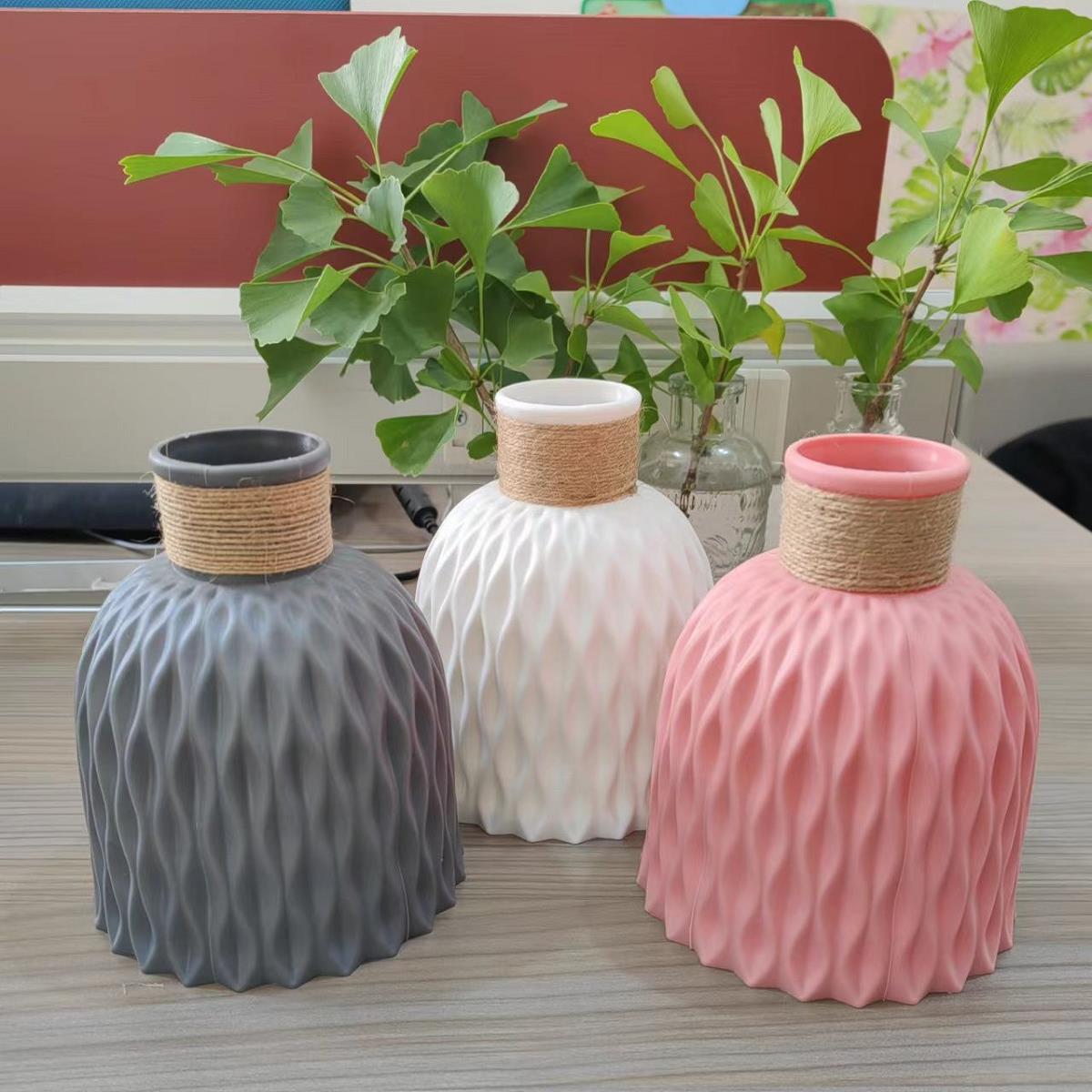 菠萝纹麻绳塑料花瓶批发仿真简约小清新插花瓶跨境热销水波纹花瓶