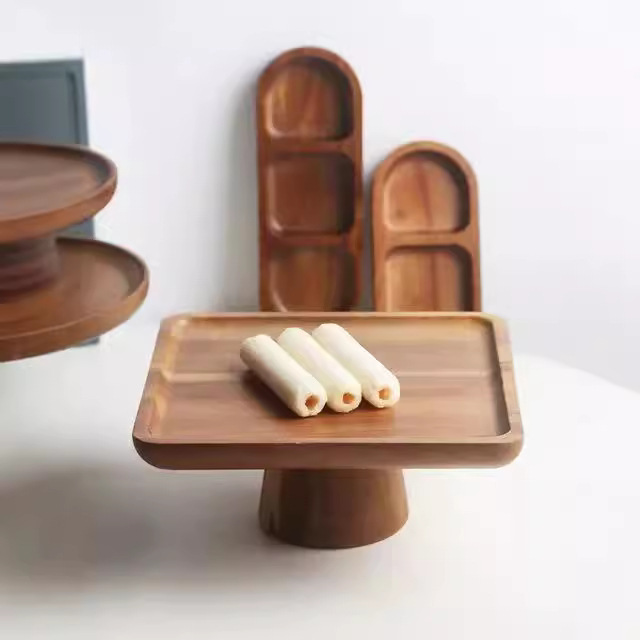 Retro pies altos Acacia pastel bandeja de madera sala de estar casera snack plato de postres estante de exhibición de madera snack plato de fruta