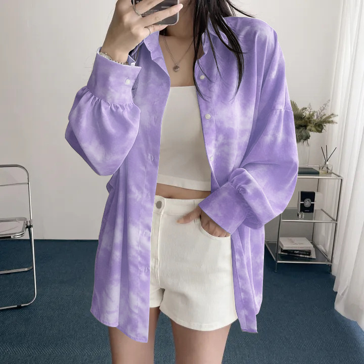 Purple Cross-Border Printed Spring and Autumn Wholesale Shirts for Women, European and American Korean Style Casual Loose Long-Sleeve Shirts with Sun Protection and Sleeves Purple Cross-Border Printed Spring and Autumn Wholesale Shirts for Women, European and American Korean Style Casual Loose Long-Sleeve Shirts with Sun Protection and Sleeves