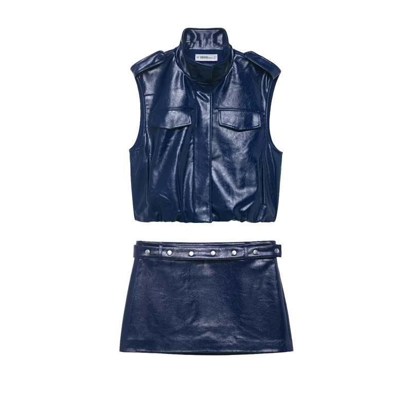Cool and Stylish Stand-Collar Faux Leather Strap Vest and Short Skirt Set for Women, Featuring a Sleeveless Jacket and Bodycon Skirt Cool and Stylish Stand-Collar Faux Leather Strap Vest and Short Skirt Set for Women, Featuring a Sleeveless Jacket and Bodycon Skirt