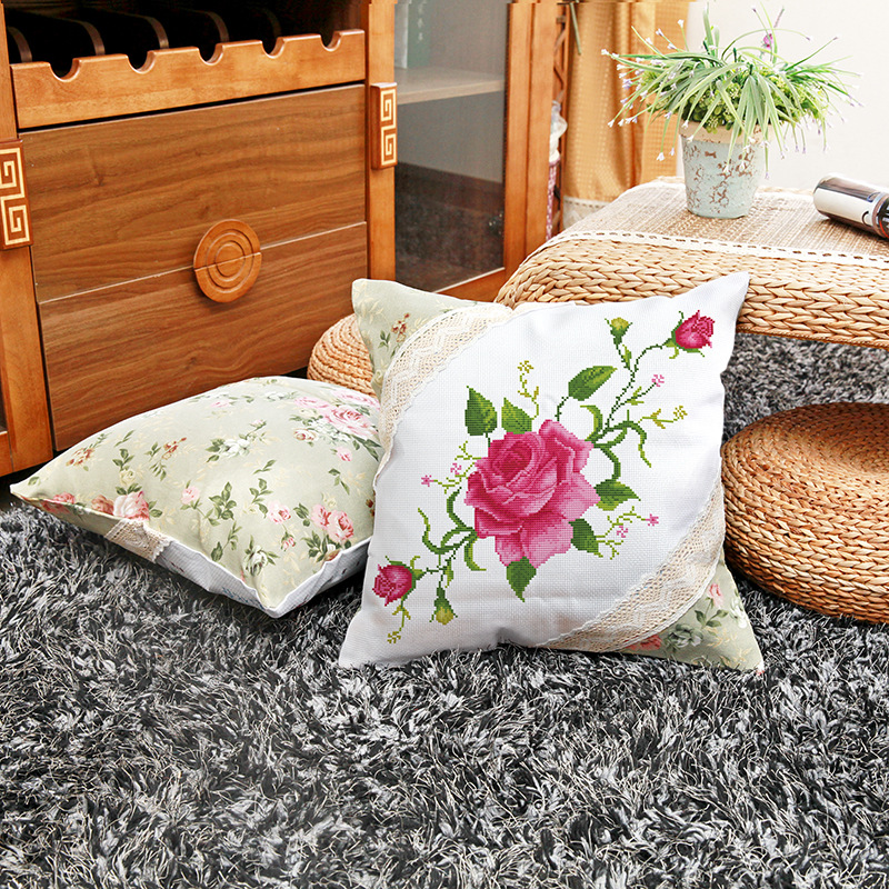 Bordado DIY paquete de material hecho a mano Cruz puntada pareja almohada boda de dibujos animados coche almohada cojín cubierta Rosa amor