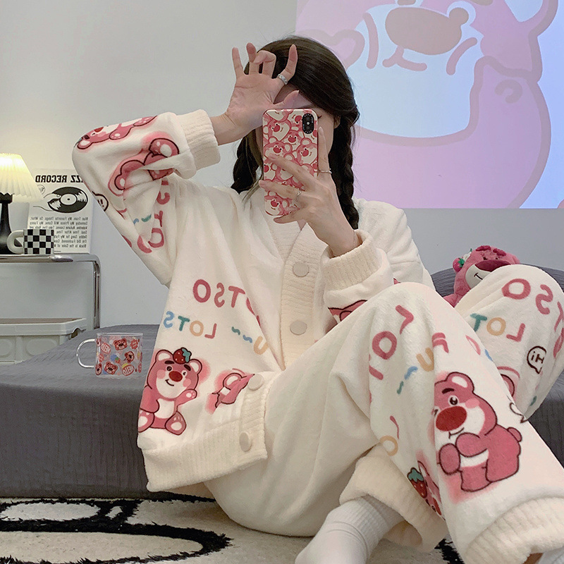 일본식 INS 산호 양털 파자마 여성의 겨울 긴팔 기모 두꺼운 따뜻한 플란넬 플러스 사이즈 가을과 겨울 홈 옷