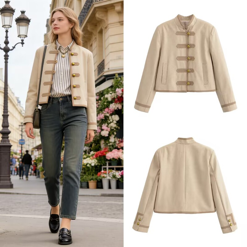 Foreign Trade 2025 Winter New Products European and American Cross-Border Women's Clothing Street Fashion Retro Buttoned Half-High Collar Blazer