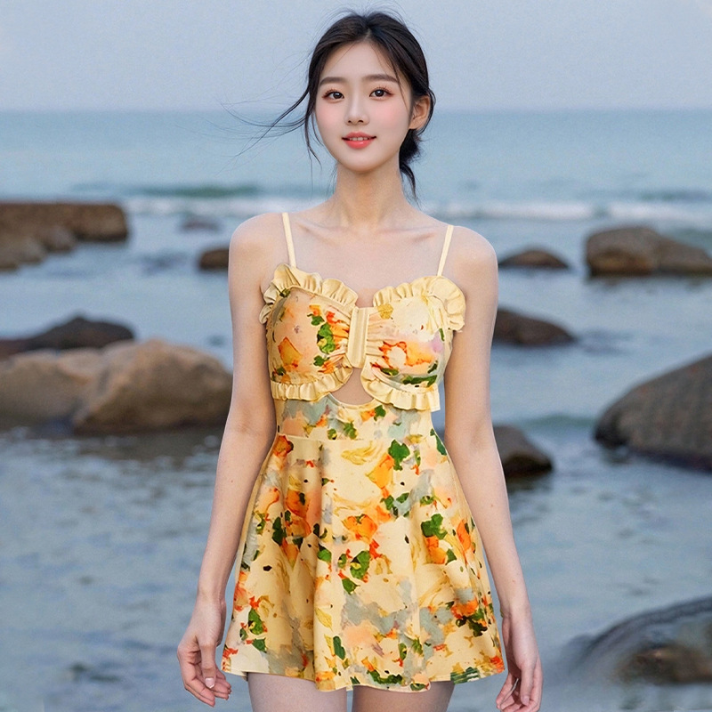 2025 verano nuevo estilo francés ligeramente gordo y delgado traje de baño floral de una pieza falda de mujer blusa de manga larga traje de baño al por mayor