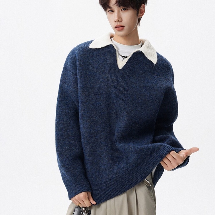 Chicerro Sicilian Men's Alpaca Wool Lapel Fake Two-Piece Heavy Sweater Casual Fashion Retro Versatile