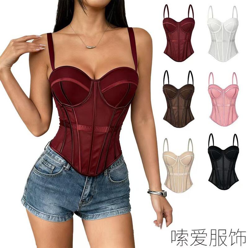 Cross-Border Hot-Selling Product: European and American Style Solid Color Fishbone Corset, Waist-Slimming Mesh Fishbone Top, Sexy Outerwear Camisole