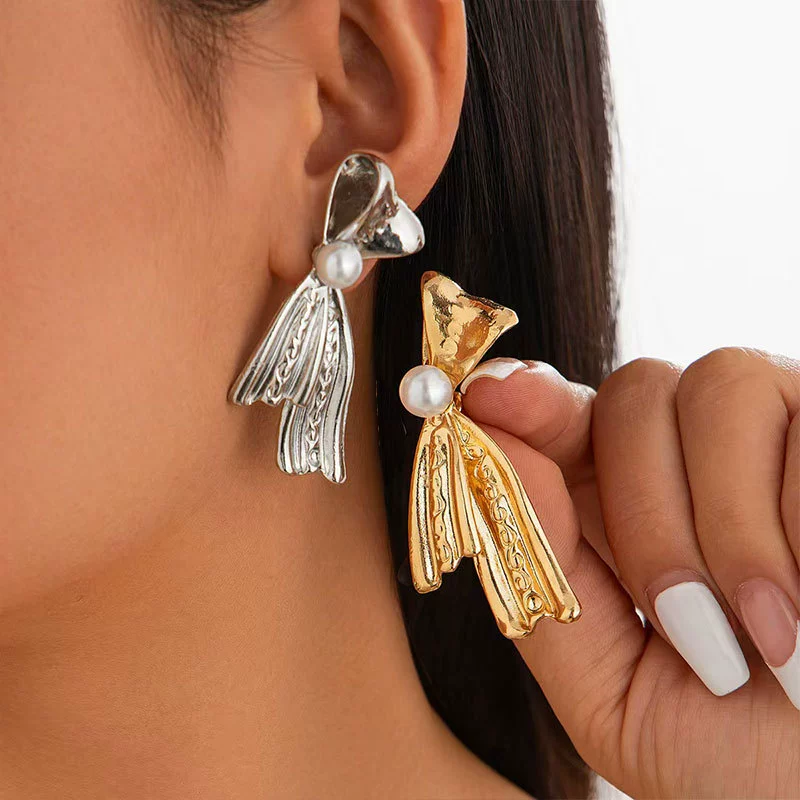 Европейские и американские трансграничные Rins Французский металлический лук жемчужные серьги высокого уровня Женский холодный ветер ювелирные украшения