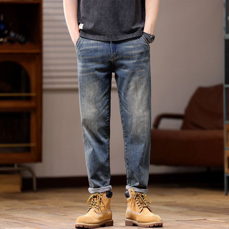 Men's summer new heavy industry washed jeans, men's loose elastic retro distressed cropped pants_voghion.com