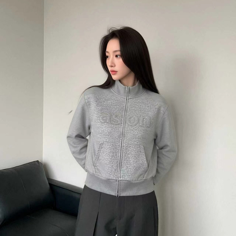 In-stock Korean designer trendy brand letter patch Korean-style embroidered zip-up sweatshirt jacket for women with stand-up collar