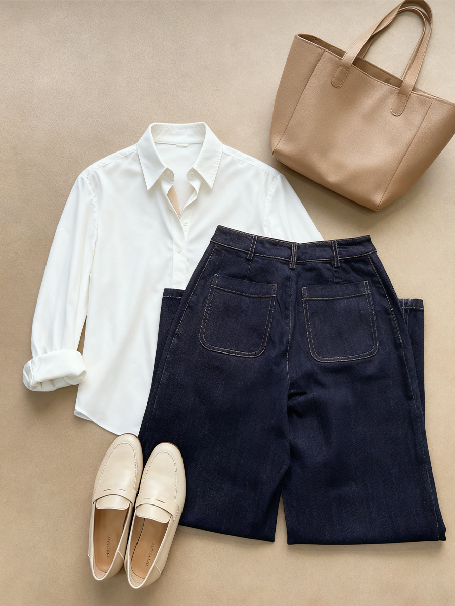 Quần jean ống rộng Xinge denim xanh chống phai màu, lưng cao, dáng suông dài đến sàn — màu xanh denim