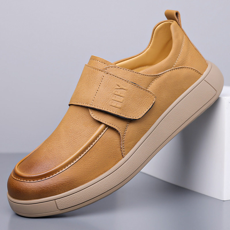 Giày lười nam da PU kiểu retro, quai dán Velcro, form rộng thoải mái, đế cao su êm chân — Màu đen, màu vàng