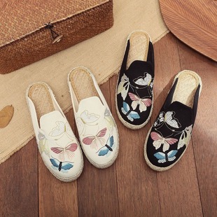 2025 Summer Ethnic Style Sandals Easiest for Match Brocade Embroidered Butterfly Embroidery Fisherman Slippers Breathable Linen Canvas Shoes for Women
