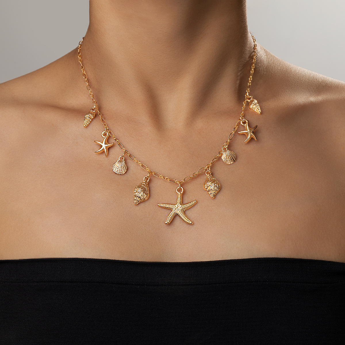 波西米亚时尚海洋风合金海星海螺扇贝吊坠金属链条可调节女士项链