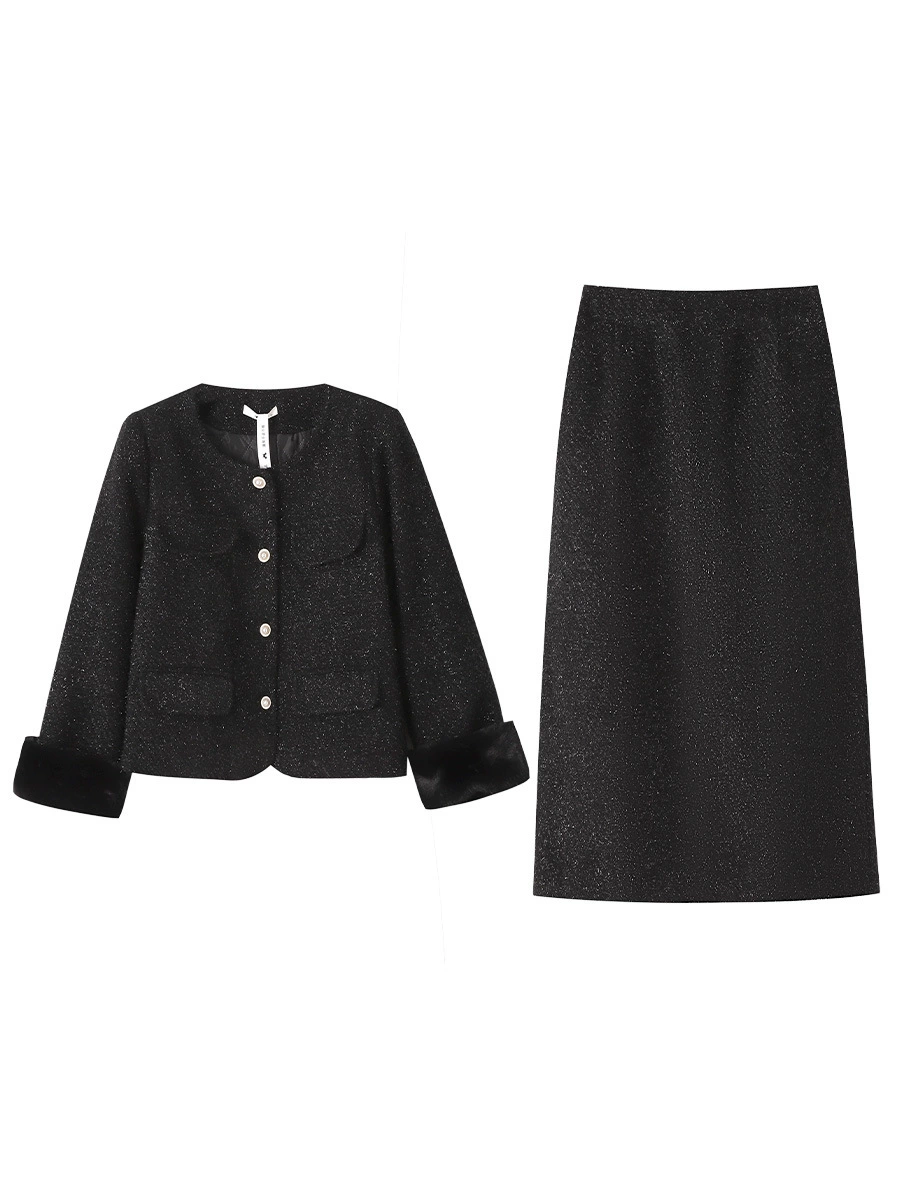 Winter quilted jacket, skirt, set, plus size, Chanel style