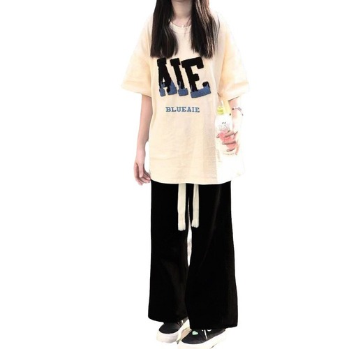 Summer Short Sleeve Set for Women Students, Korean Style Loose + Casual Straight Leg Pants, Fashion Two-Piece Set Trendy