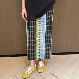 三宅风褶皱女装半裙2025春夏新款复古拼色直筒百褶裙子半身裙女