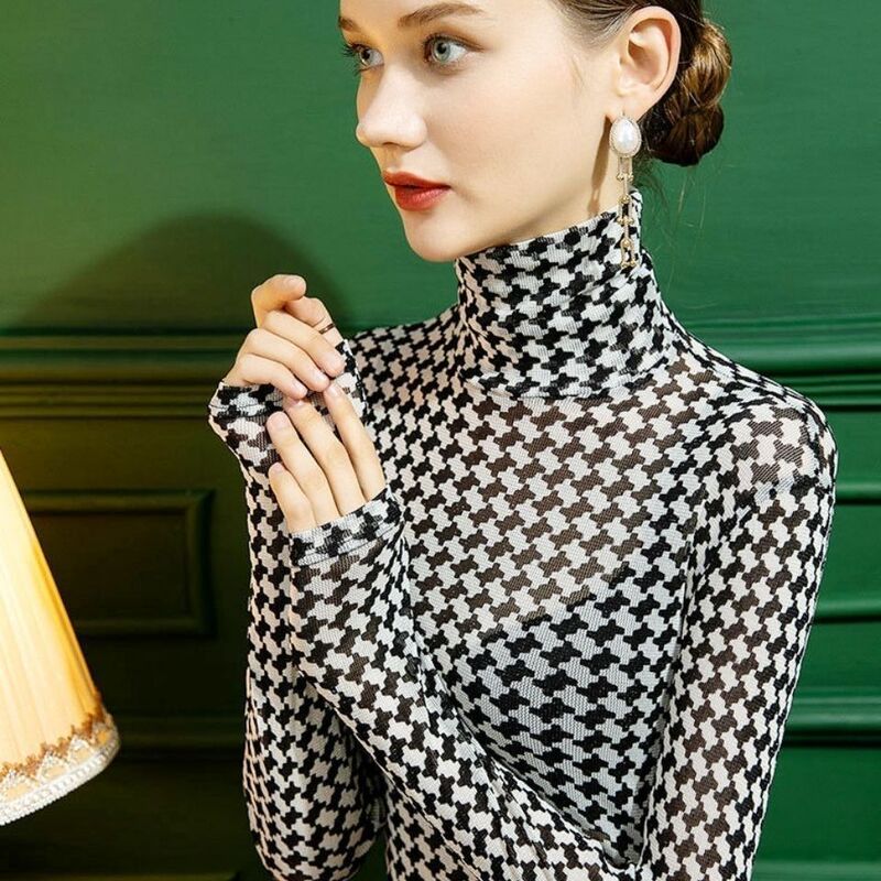 2022 autumn new high collar bright silk bottoming shirt Women's mesh slim fit sexy Plaid inner western style long sleeve top