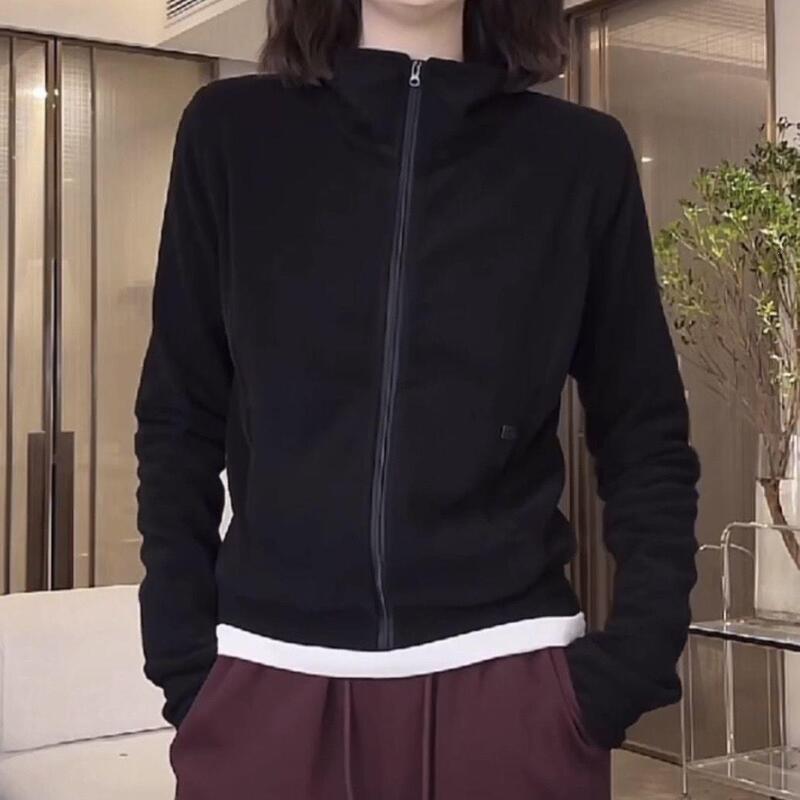 De Rong Stand Collar Cardigan Jacket for Women, Loose Casual Slimming Versatile Solid Color Design with Simple Pockets and Zipper Sweatshirt