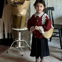 女童套装针织花边开衫加半身裙25秋冬装新款外贸童装货源代发