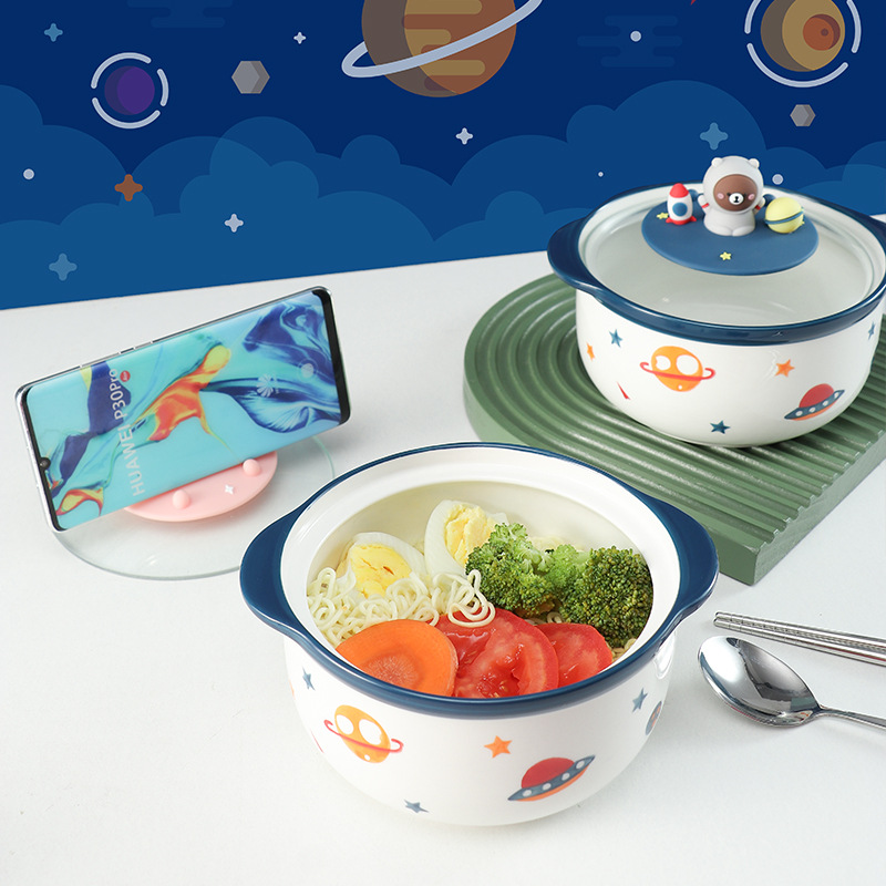 Student Cute Instant Noodle Bowl Ceramic With Lid Easy To Clean Lunch Box Tableware Microwave Oven Available Single Japanese-style Dormitory Female