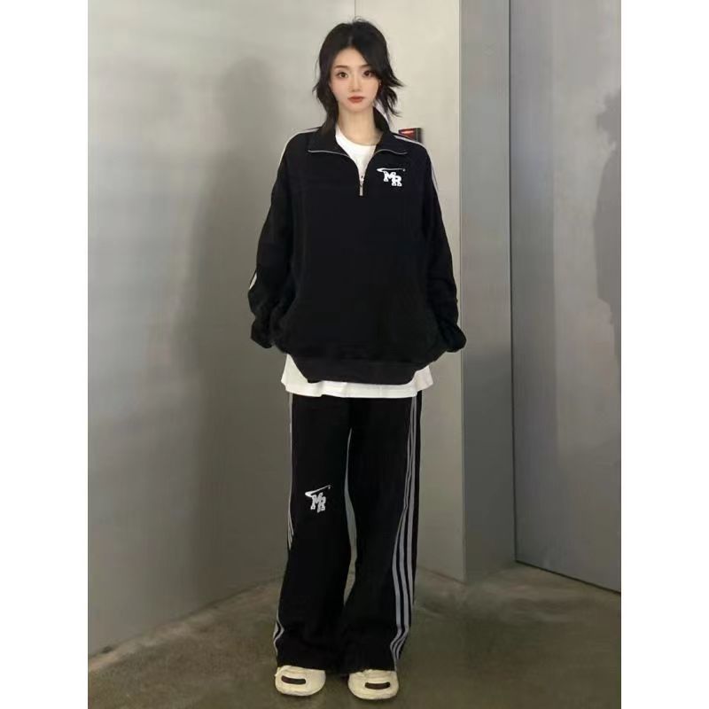 美式春秋新款复古韩版宽松休闲运动套装显瘦慵懒风卫衣时尚两件套|undefined