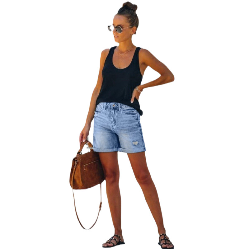 Modische, hoch taillierte, zerrissene Jeans-Shorts mit verwaschenem Destroyed-Effekt und Quaste, Hotpants für Damen_voghion.com