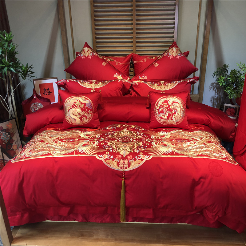 Chinese-Style High-End Wedding Bedding | 100-Count Cotton Satin Dragon and Phoenix Embroidery Four-Piece Set, Red Wedding Bedding Multi-Piece Set