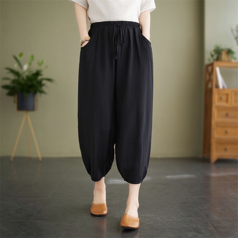 2025 Cotton Casual Lantern Pants Wide-Leg Pants Summer New Large Size Loose Solid Color Cropped Pants Fashion Harem Pants