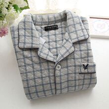 日系格子男士睡衣100%纯棉空气层棉夹棉加厚家居服套装