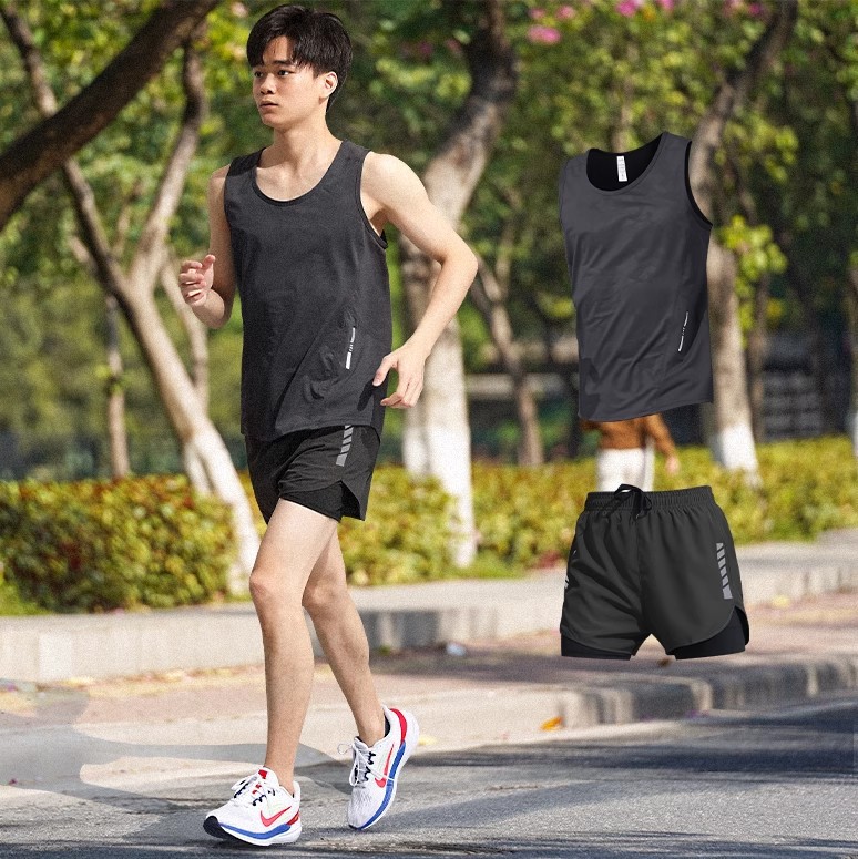 Ropa de fitness para hombres maratón atletismo chaleco deportivo running set entrenamiento de verano hielo equipo de secado rápido