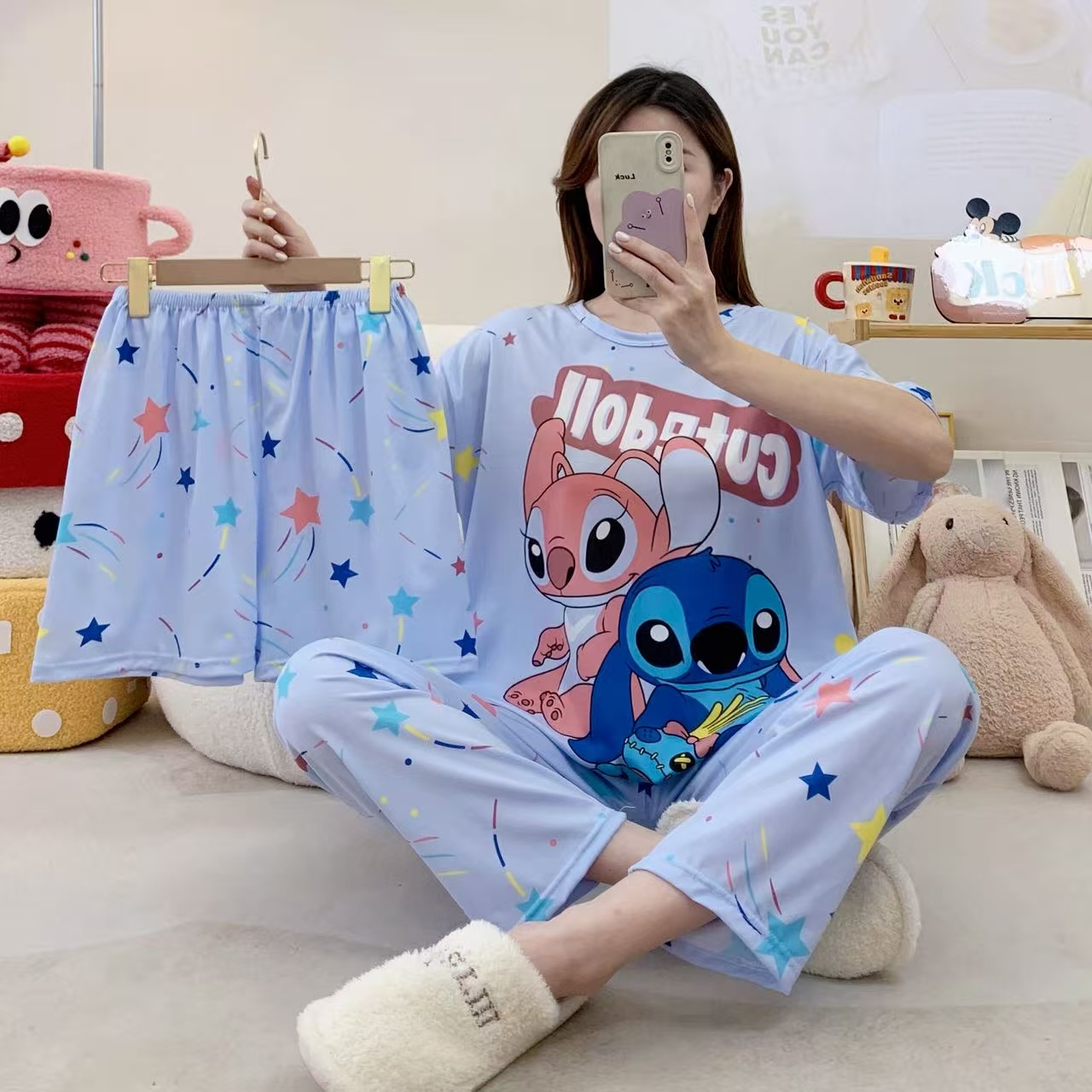 Pijamas de verano transfronterizos pijamas de leche de seda de tres piezas set de dibujos animados comercio exterior ropa para el hogar pantalones de mangas cortas lindos