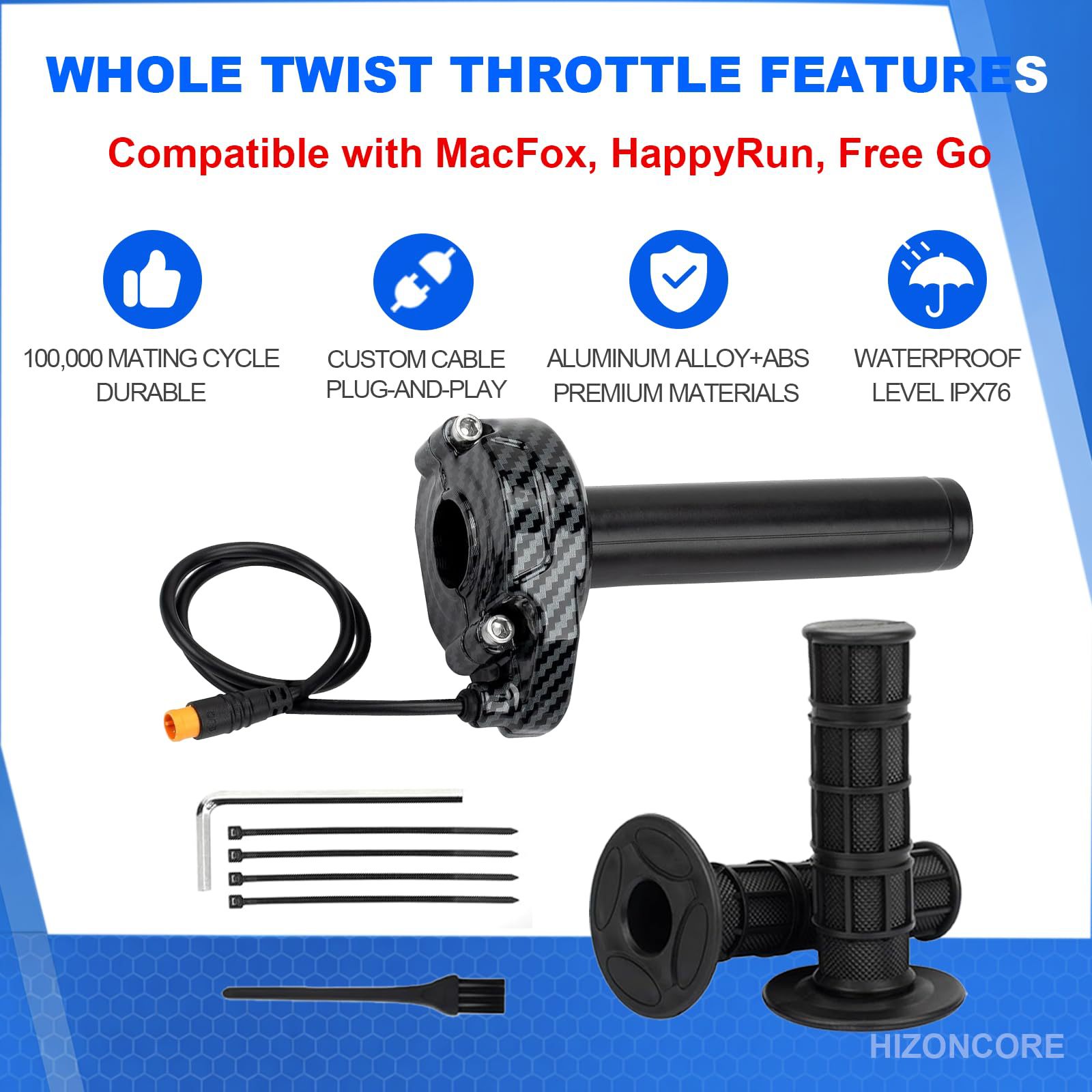 Full-rotation handle throttle for electric bicycles is suitable for Macfox 12V-72V, and also for HappyRun Freego