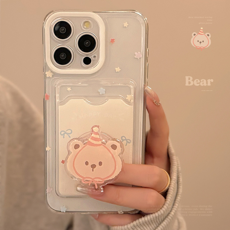 Cute Bear Stand Card Holder Case Suitable for iPhone 17, Apple 15 Pro Max, Cute 11 Full Cover, 16 Transparent