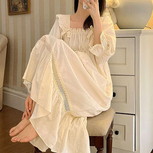pinkgoddess * Korean Sweet Princess Nightgown Retro Pure Cotton Pajamas Spring and Autumn Women's Court Style Home Clothes Spring