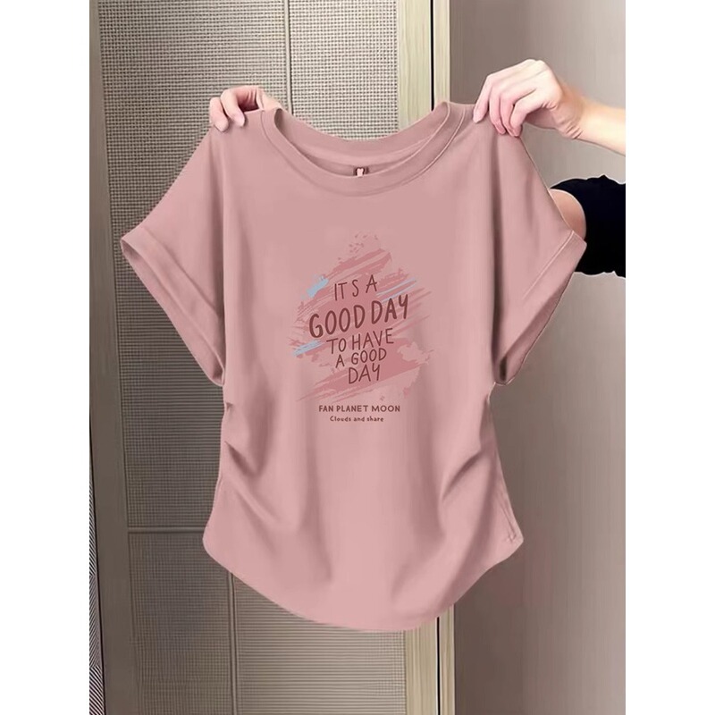 Short-Sleeve T-Shirt with Ruffled Sleeves and Regular Shoulders for Women, Summer 2026 Design, Waist-Cinching, Slimming, Round Neck Top, Trendy A3657