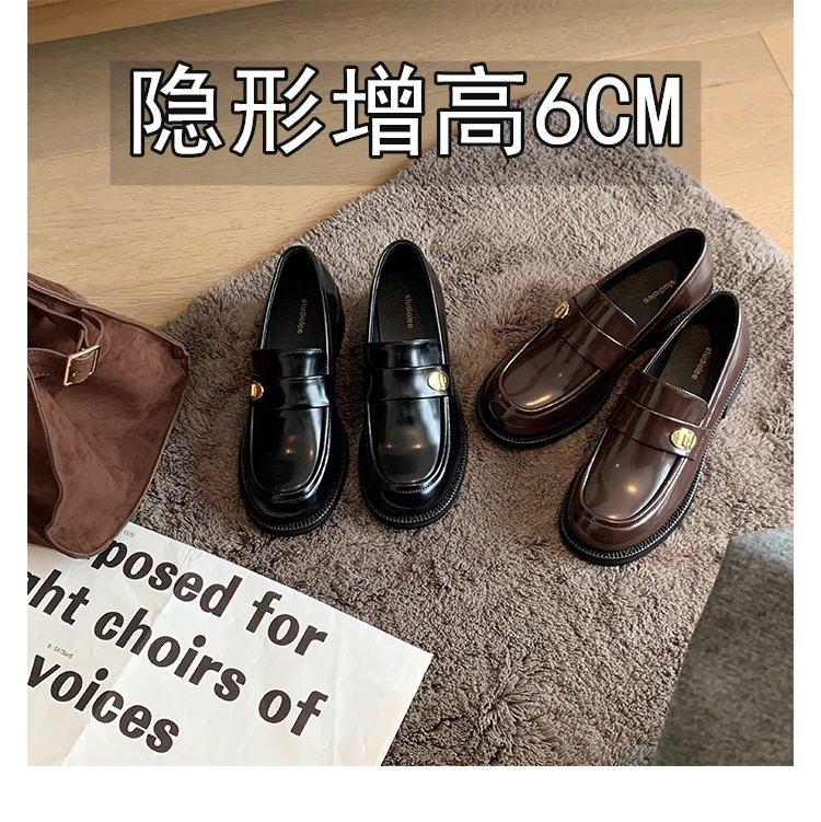 牛皮~圆头金扣小个子内增高乐福鞋粗跟英伦风一脚蹬小皮鞋女秋冬|undefined