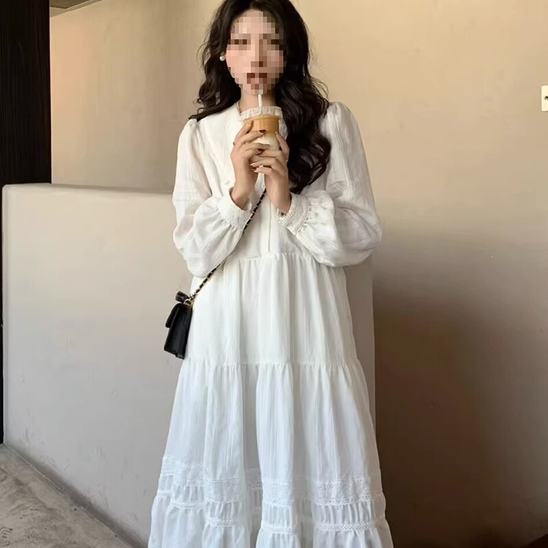 Early Spring and Autumn New Style Long-Sleeved French Mid-Length Dress with Puff Sleeves, White Base Dress, Hepburn-Style Long Dress Early Spring and Autumn New Style Long-Sleeved French Mid-Length Dress with Puff Sleeves, White Base Dress, Hepburn-Style Long Dress