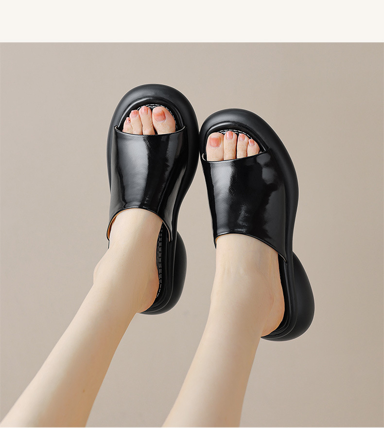Dép sandal nữ quai chữ V đế dày da PU mũi hở — màu đen, màu trắng chi tiết 10