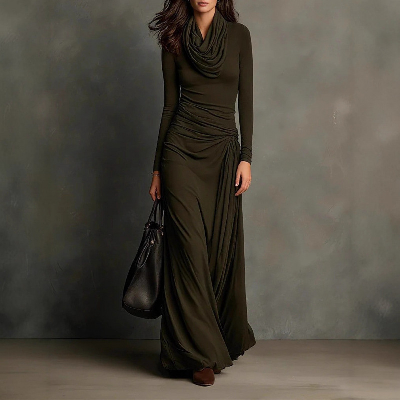 European and American Cross-Border Independent Station 2025 Autumn and Winter Elegant Elegant Pile Collar Pleated Slim Slim Long-Sleeved Dress for Women