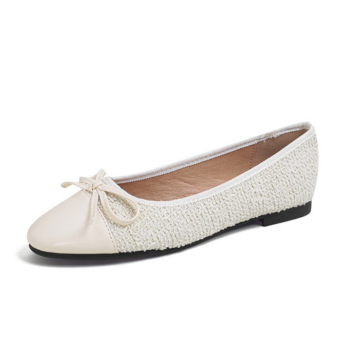 The same style as Grape Mom, sweet round toe lambskin flat bottom bow stitching shallow mouth ballet shoes for women