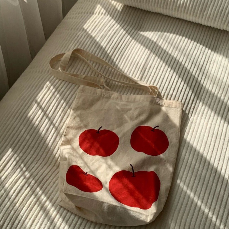 Apple Printed Tote Canvas Bag Women's 2024 Student Niche Designer Portable Crossbody Shoulder Bag
