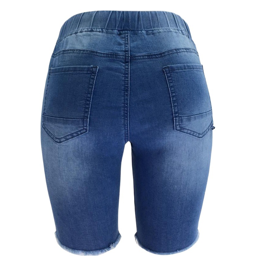 Shorts de Mezclilla Azul de Lavado Medio, Elásticos, de Cintura Media, Rotos, Estilo Europeo y Americano, Primavera 2025