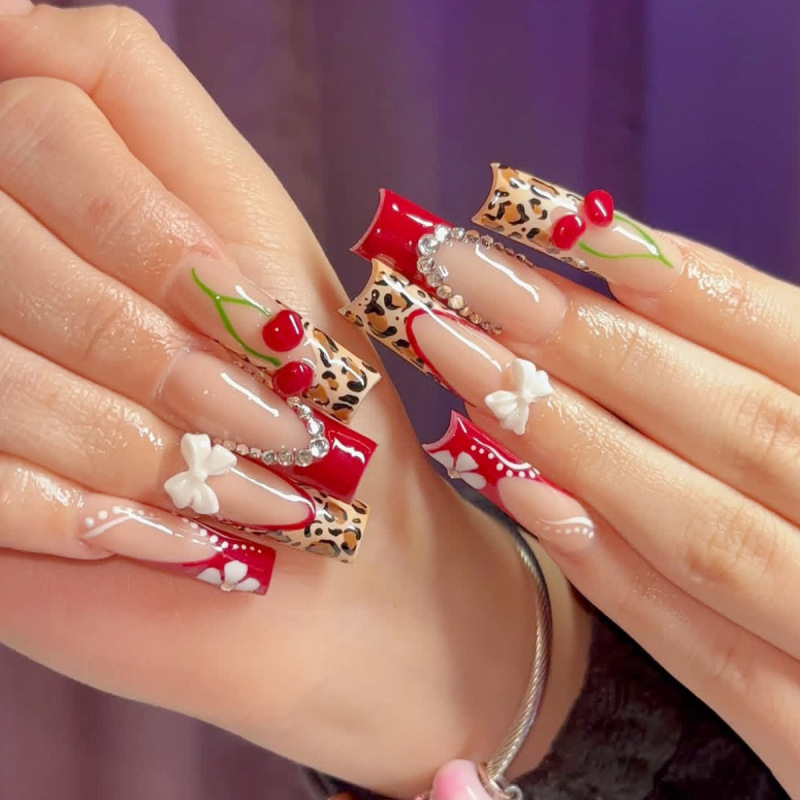 Long Coffin Wear Nail Patch Ins Style Red Leopard Print French Edge Glue Cherry Bow Diamond Fake Nails
